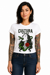 Playera Mujer Serpiente y Rosa – Estilo Tatuaje Neo Tradicional