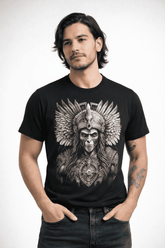 Hombre usando playera mexicana con ilustración de guerrero ancestral en fondo blanco