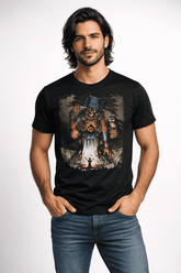 Hombre usando playera negra con diseño mexica estilo dark ritual