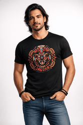 Playera negra con diseño de guerrero jaguar mexica estilo tribal moderno