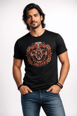 Playera negra con diseño de guerrero jaguar mexica estilo tribal moderno