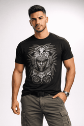 Hombre usando playera con ilustración ancestral azteca en tonos monocromáticos