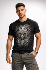 Hombre usando playera con ilustración ancestral azteca en tonos monocromáticos