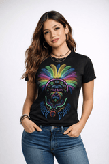 Mujer modelando playera negra con arte azteca moderno en colores brillantes
