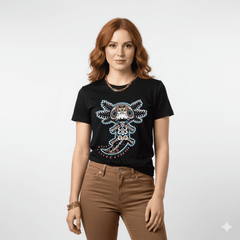 Playera con ilustración central de axolotl inspirada en arte mexicano contemporáneo