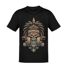 Diseño artístico tribal con plumas y cráneo sobre playera negra