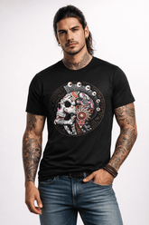 Playera negra Cultura Wear con diseño de cráneo ceremonial mexica estilo prehispánico en modelo masculino
