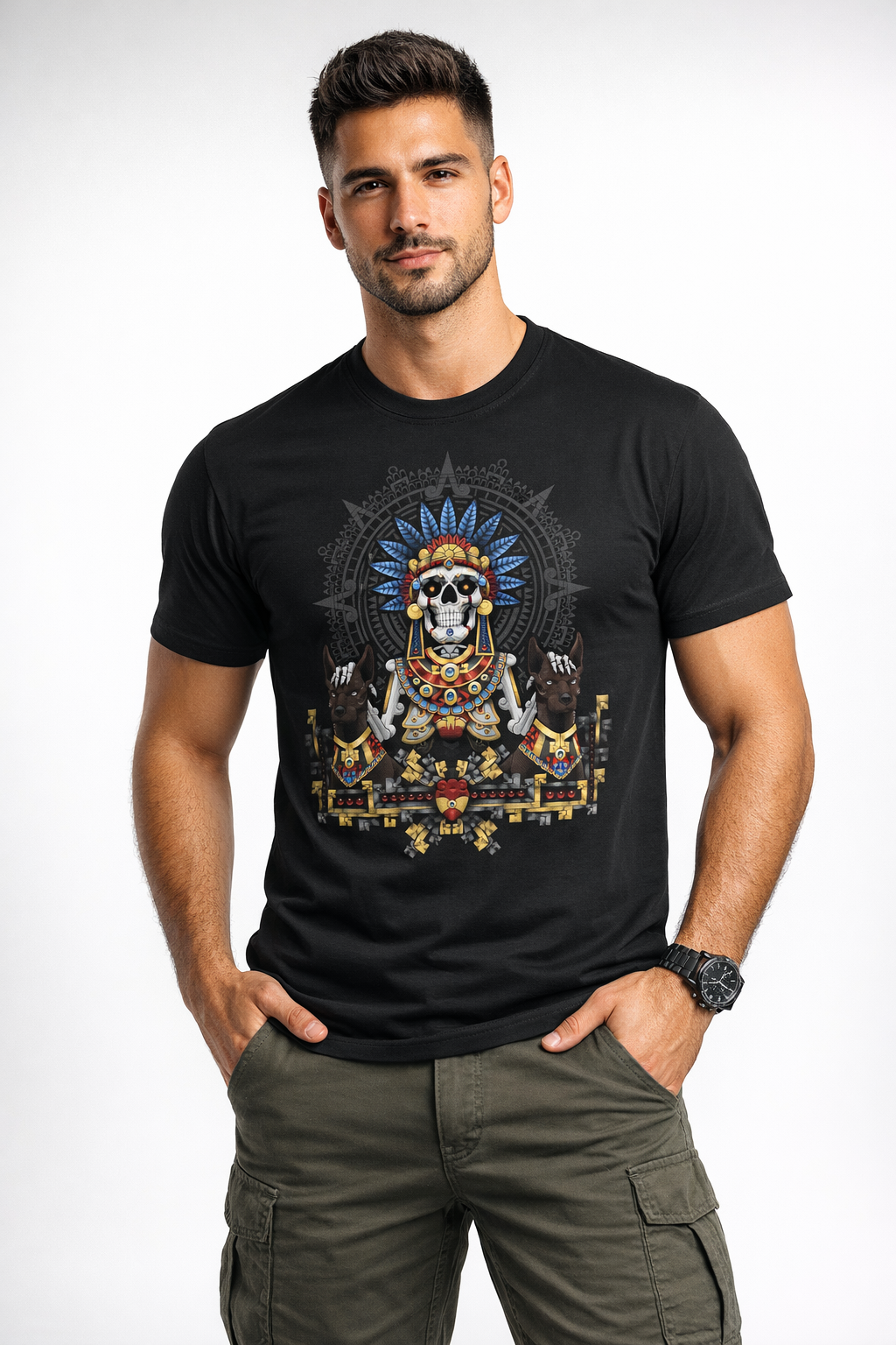 Modelo masculino usando playera negra Mexa con diseño de deidad del Mictlán y calavera ceremonial