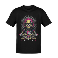 Playera Mexa negra con ilustración de calavera, penacho y cuchillos rituales