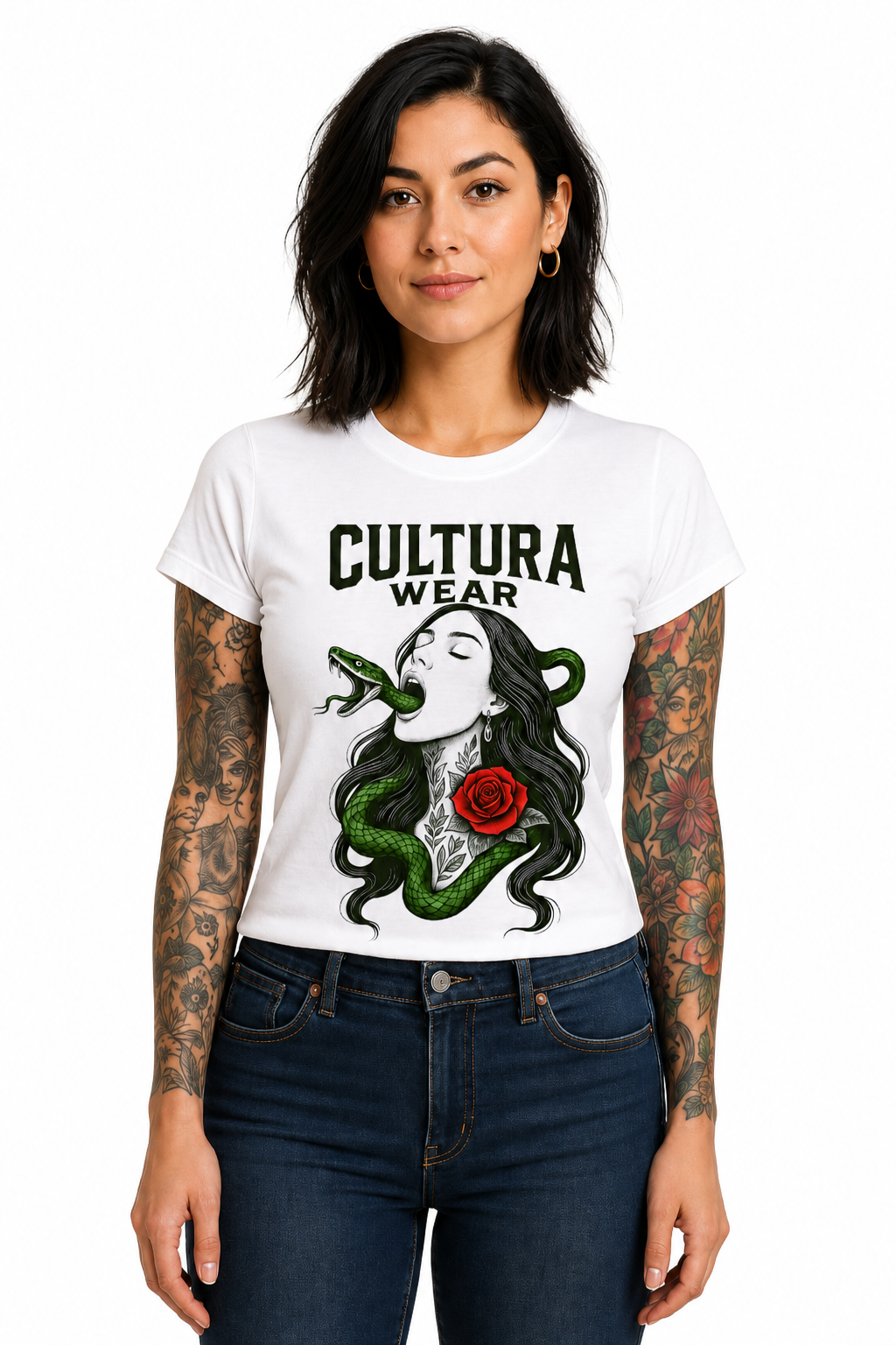 Playera Mujer Serpiente y Rosa – Estilo Tatuaje Neo Tradicional