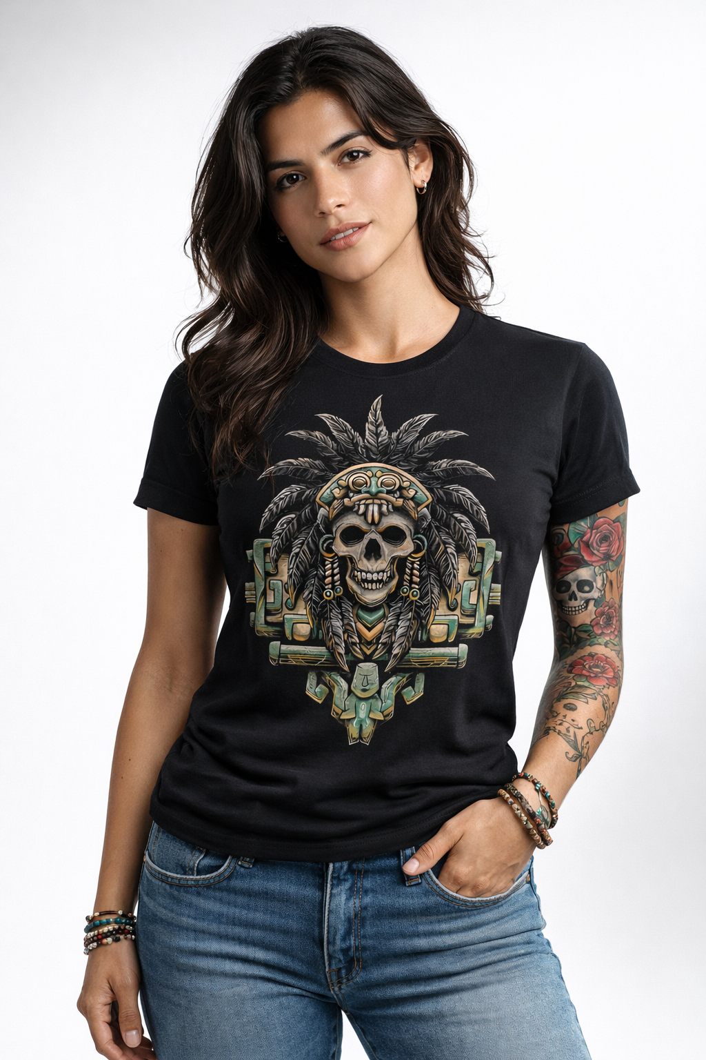 Playera calavera ceremonial diseño mexicano para mujer