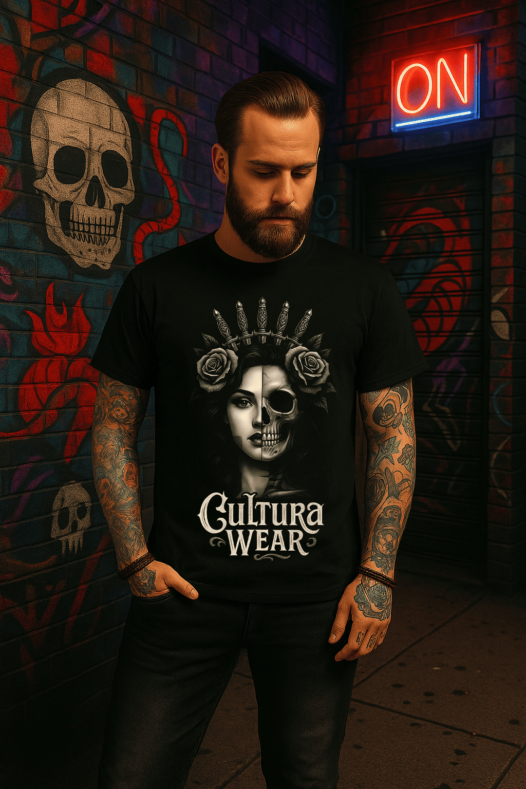 Playera Rostro Dual: Vida y Muerte – Estilo Tattoo Gótico