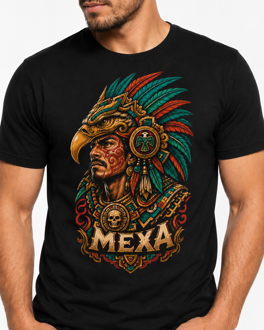Acercamiento del diseño Guerrero Águila MEXA impreso en playera negra