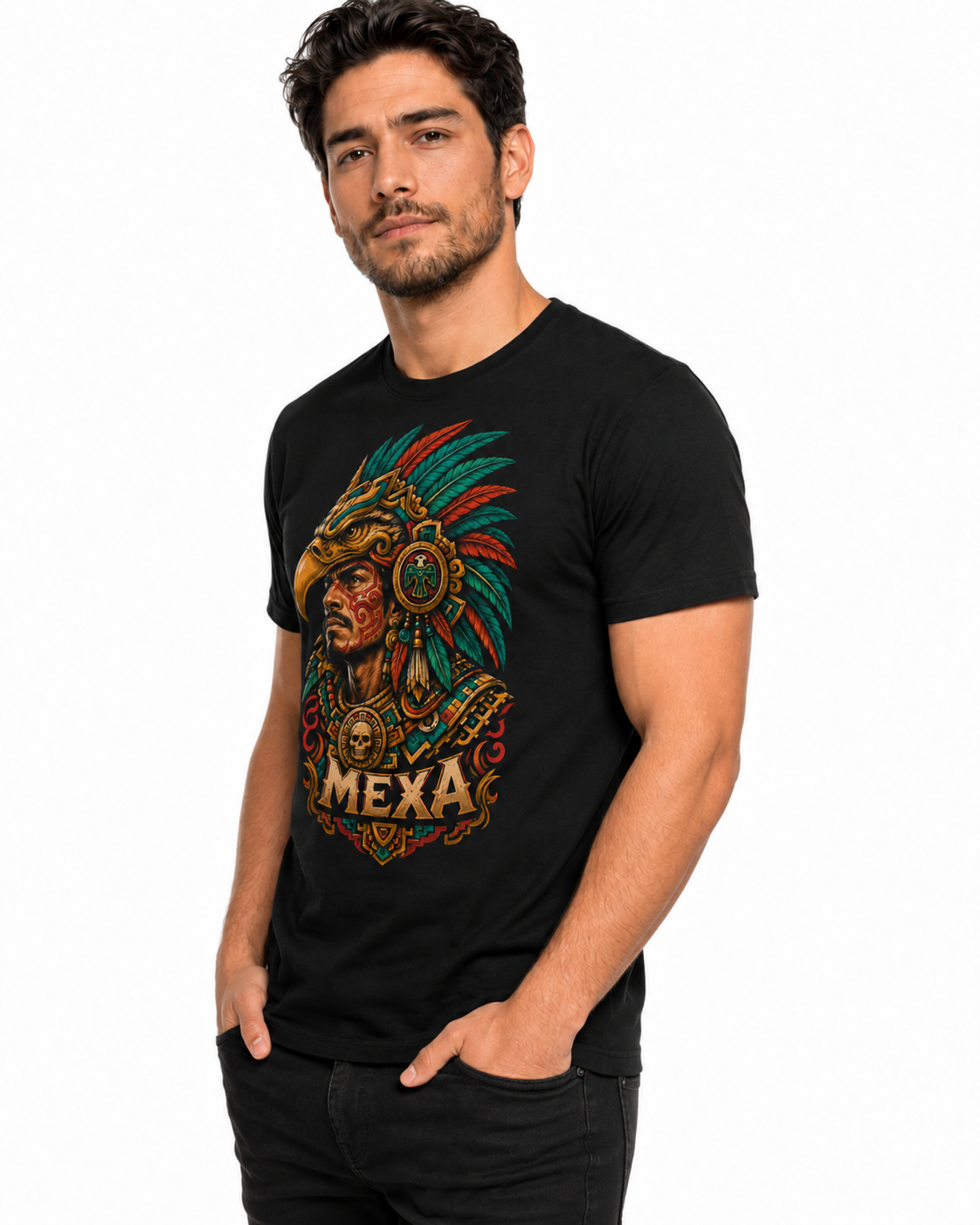Vista lateral de playera negra MEXA Guerrero Águila para hombre