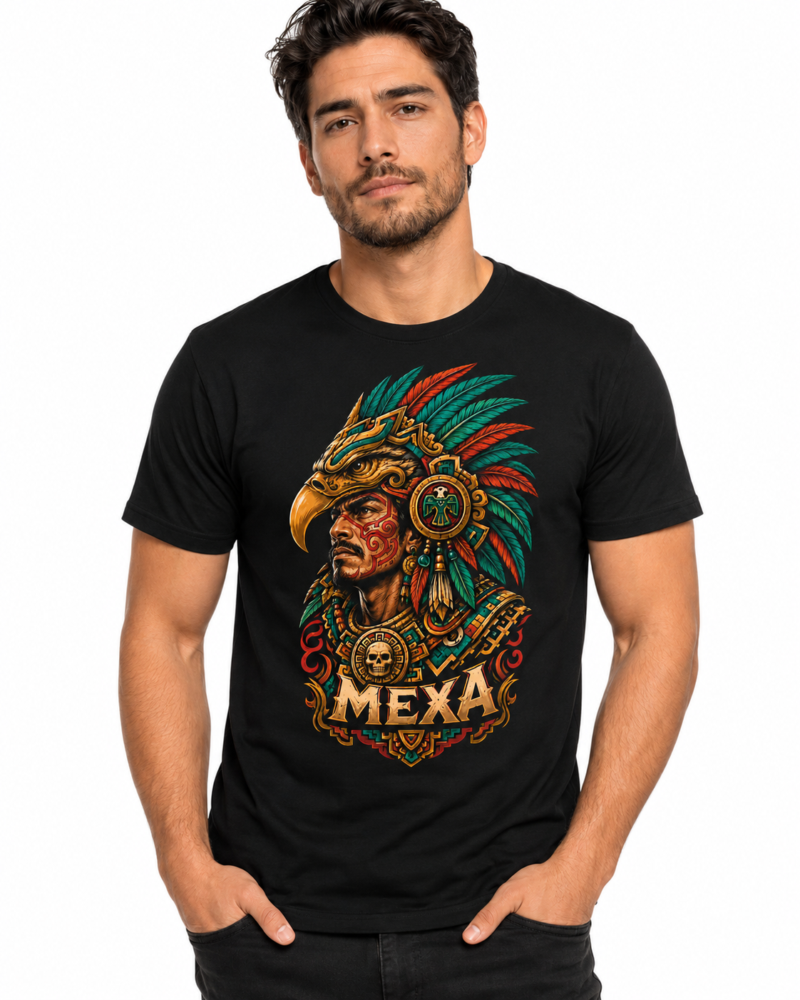 Modelo masculino con playera negra MEXA Guerrero Águila