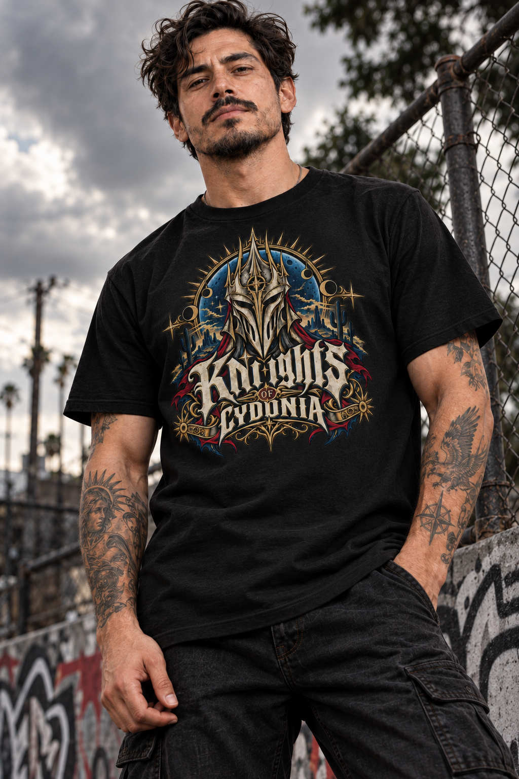 Modelo hombre usando playera Knights of Cydonia en outfit streetwear rock urbano