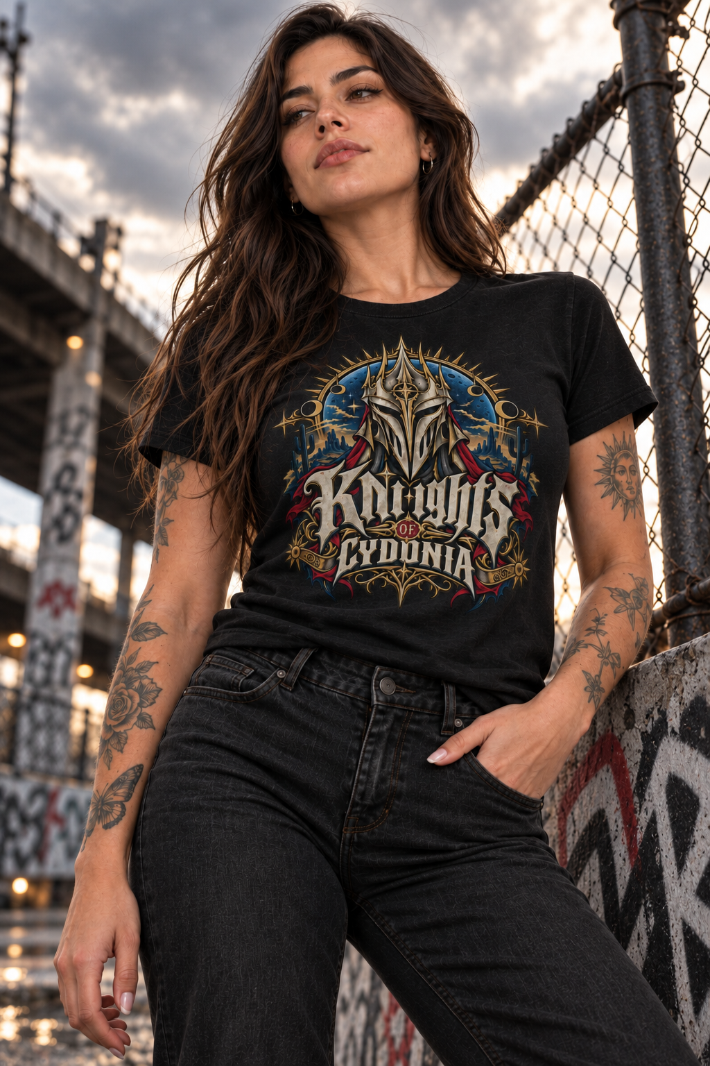 Modelo mujer usando playera Knights of Cydonia en look urbano de rock y streetwear