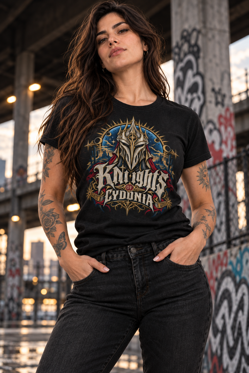 Playera Knights of Cydonia para mujer en fotografía lifestyle urbana de Cultura Wear
