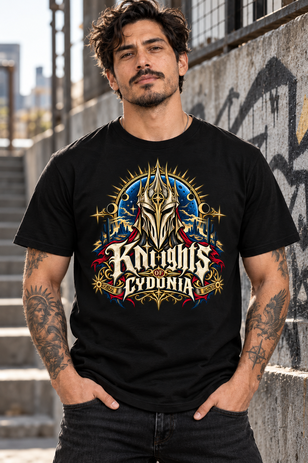 Playera Knights of Cydonia para hombre en fotografía urbana con estilo rock alternativo