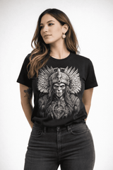 Modelo mujer con playera cultura mexicana de guerrero ritual prehispánico