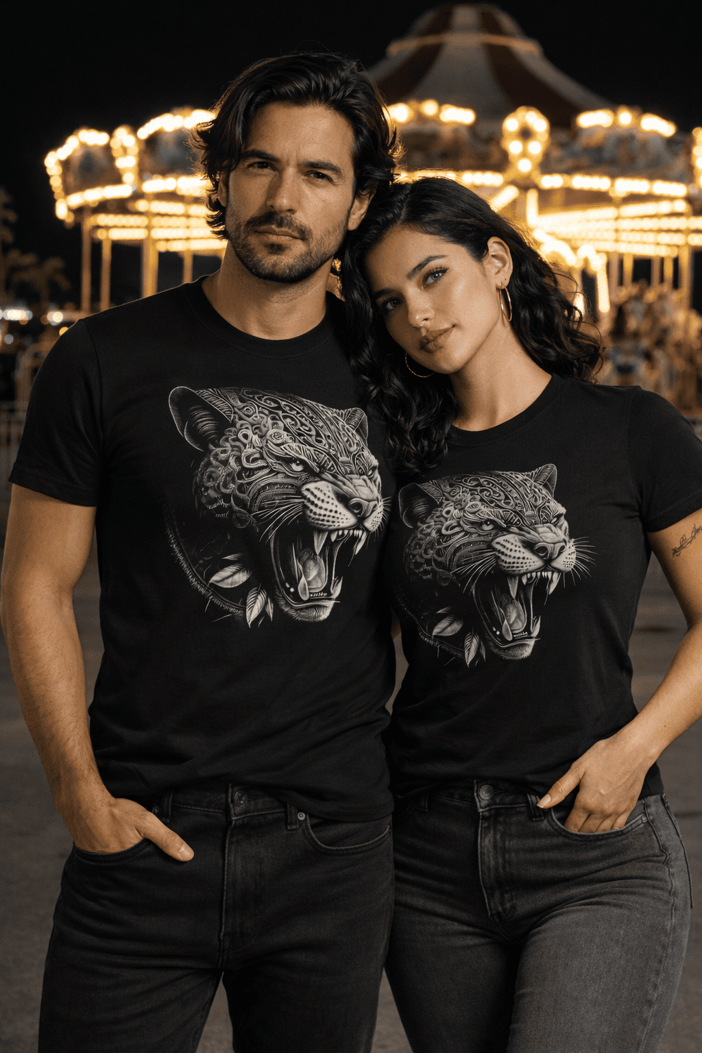 Pareja usando playeras negras con diseño jaguar en ambiente nocturno urbano