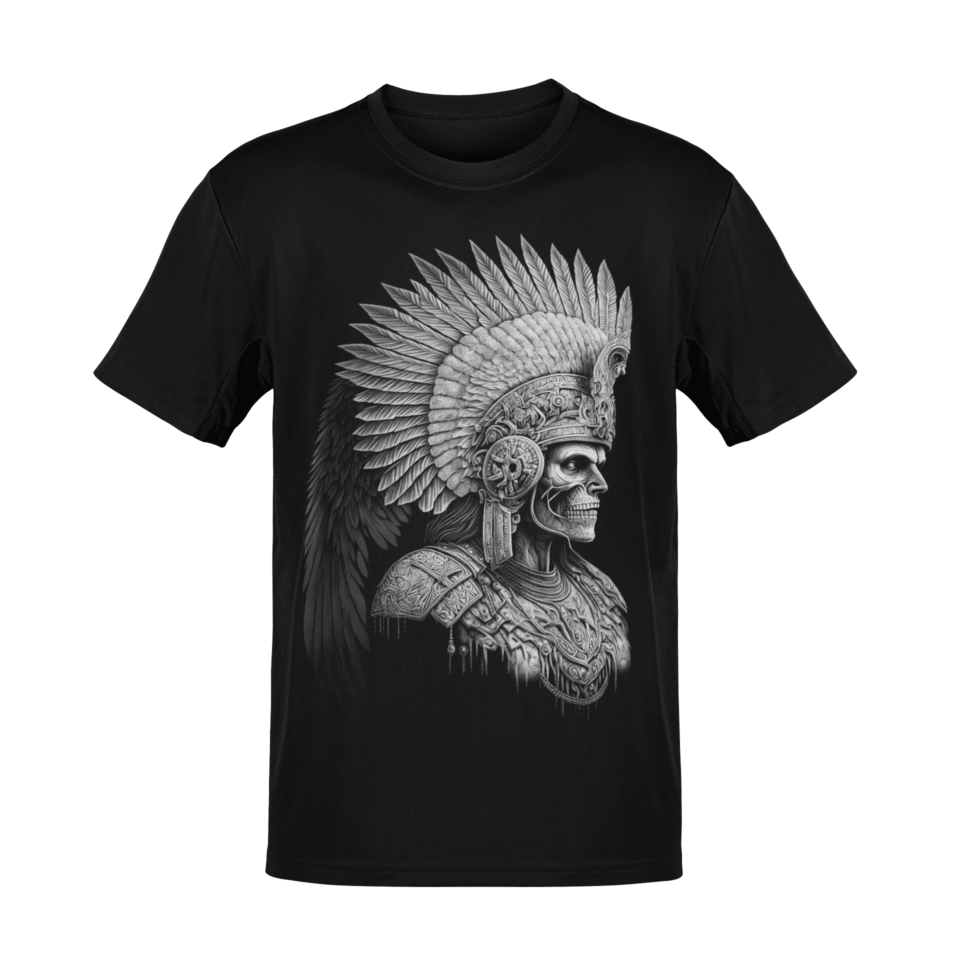 Detalle de playera negra con ilustración de guerrero azteca y penacho ceremonial