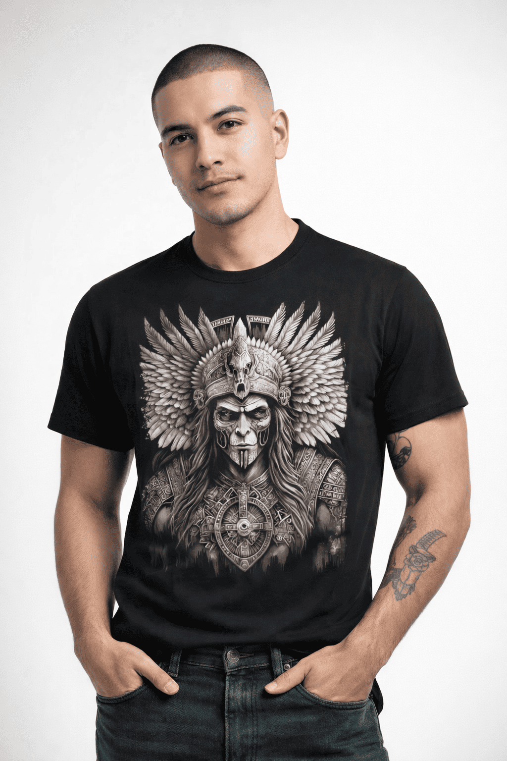 Detalle frontal de diseño mexa con penacho y símbolo central estilo tatuaje