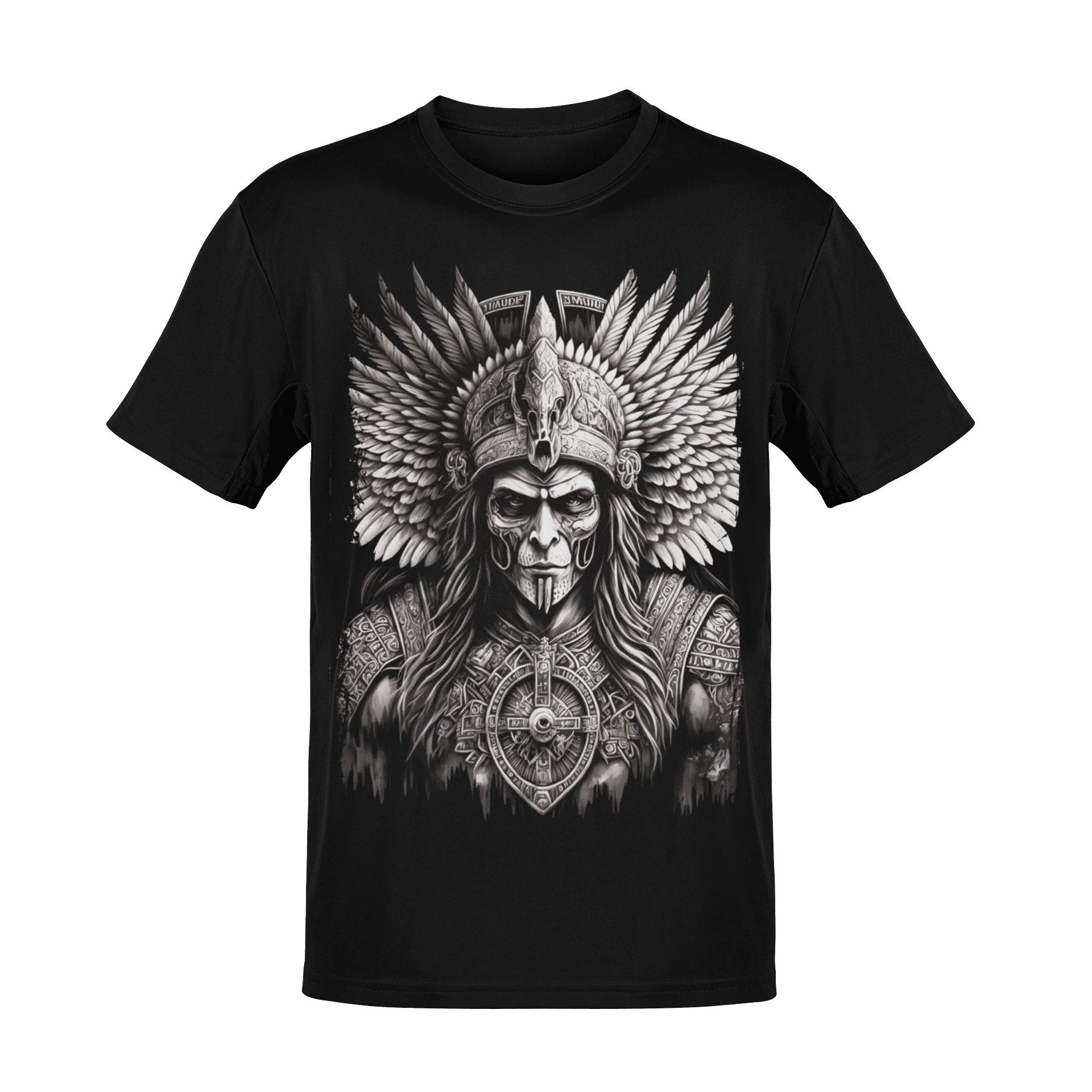 Playera negra mexa con diseño de guerrero ceremonial y penacho estilo dark art