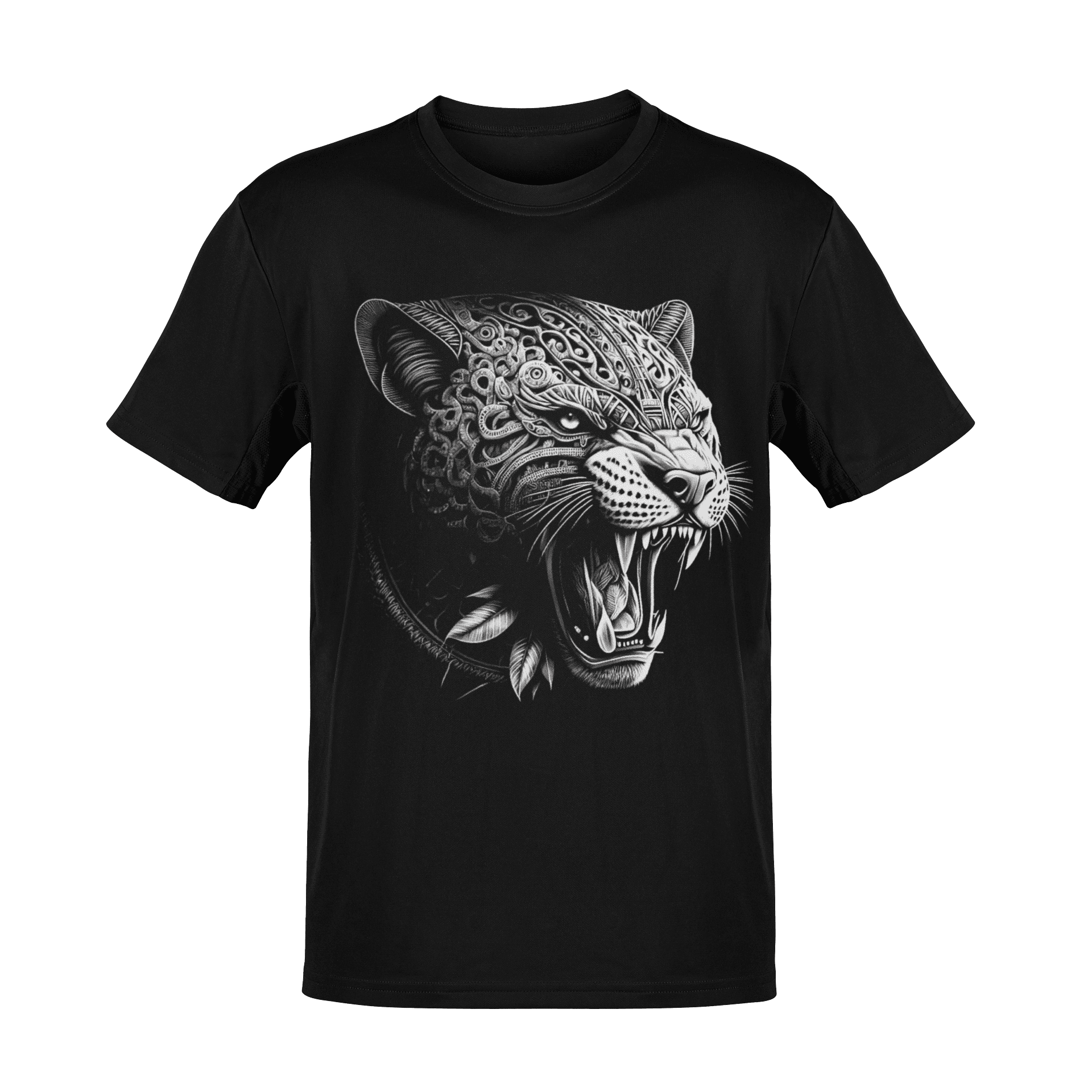 Playera negra con estampado detallado de jaguar tribal en fondo blanco