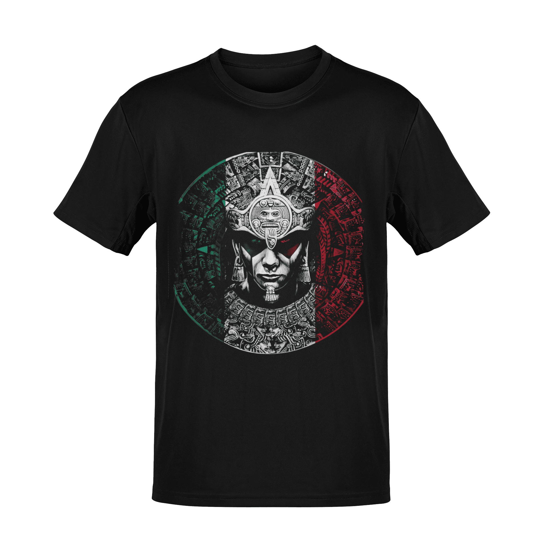 Playera Cultura Wear con arte prehispánico moderno y estética oscura en tonos verde blanco y rojo