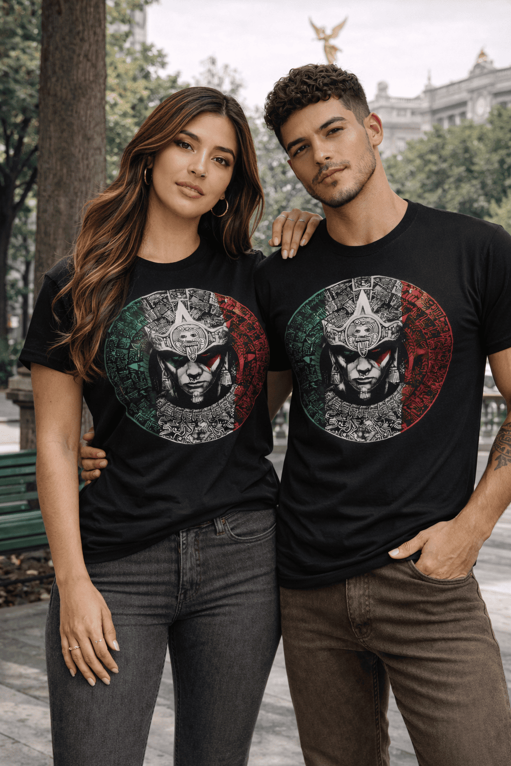 Pareja usando playeras negras con diseño mexa de rostro ceremonial en parque urbano