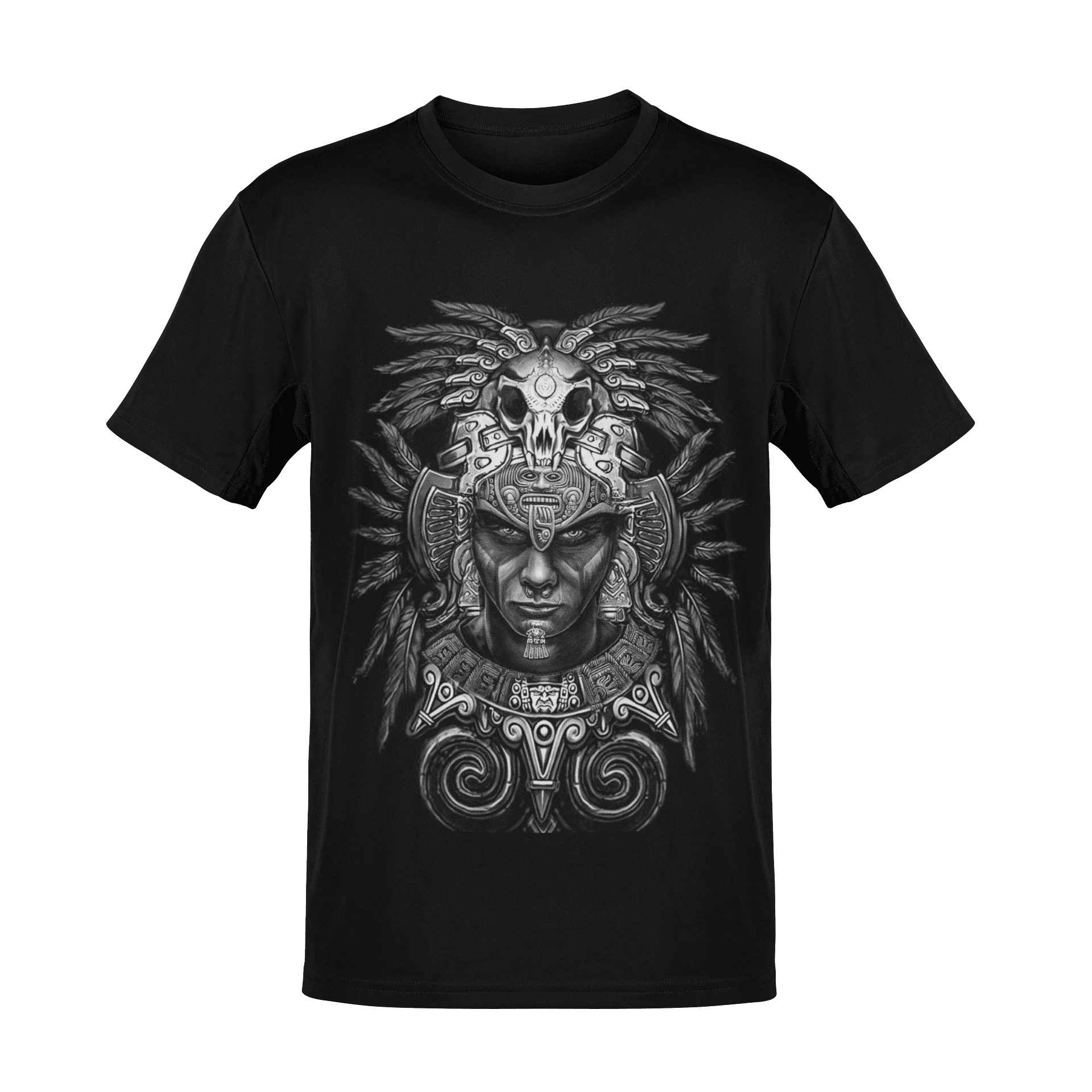 Playera negra con diseño de guerrero azteca estilo dark art en modelo masculino