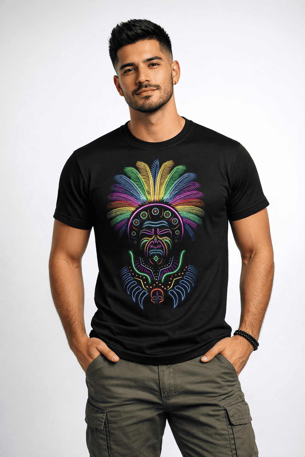 Hombre usando playera azteca neón con plumas de colores vibrantes