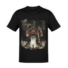 Playera Mexa con ilustración de guerrero mexica en escena ritual oscura