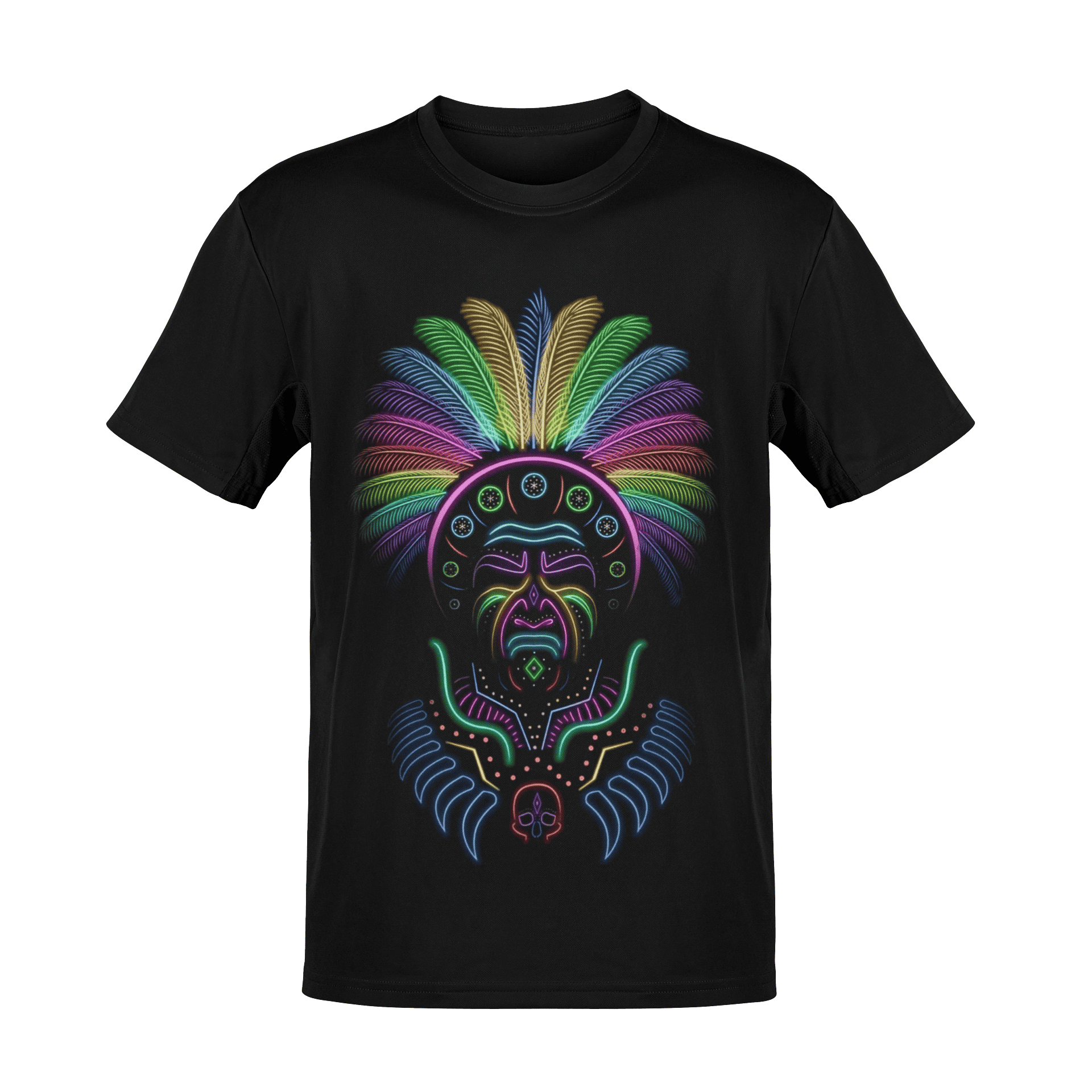 Playera negra con diseño de guerrero azteca estilo neón multicolor