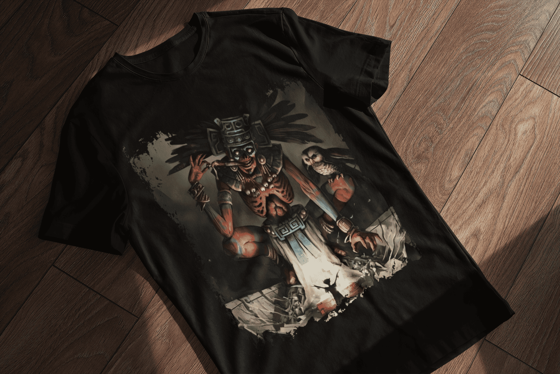 Diseño prehispánico moderno con guerrero mexica en playera urbana