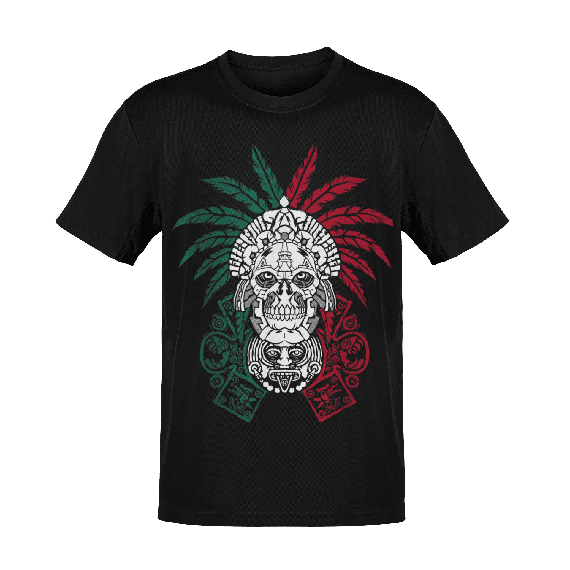 Playera negra con ilustración de cráneo azteca con tocado ceremonial en estilo moderno