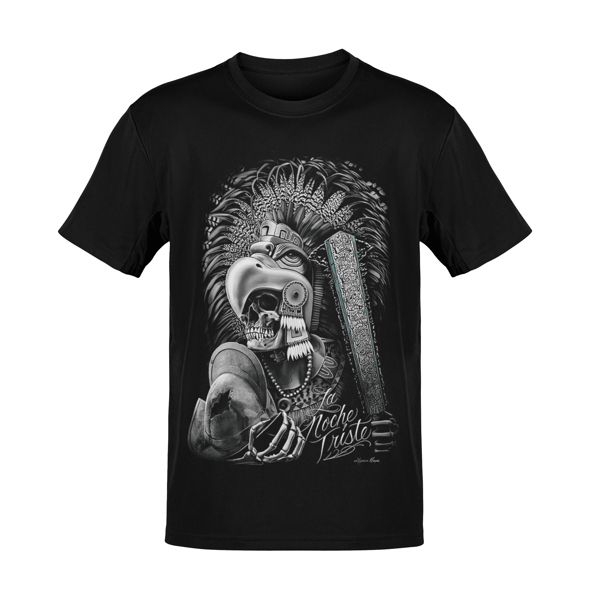 Ilustración prehispánica en playera mexicana con guerrero azteca ceremonial y penacho detallado