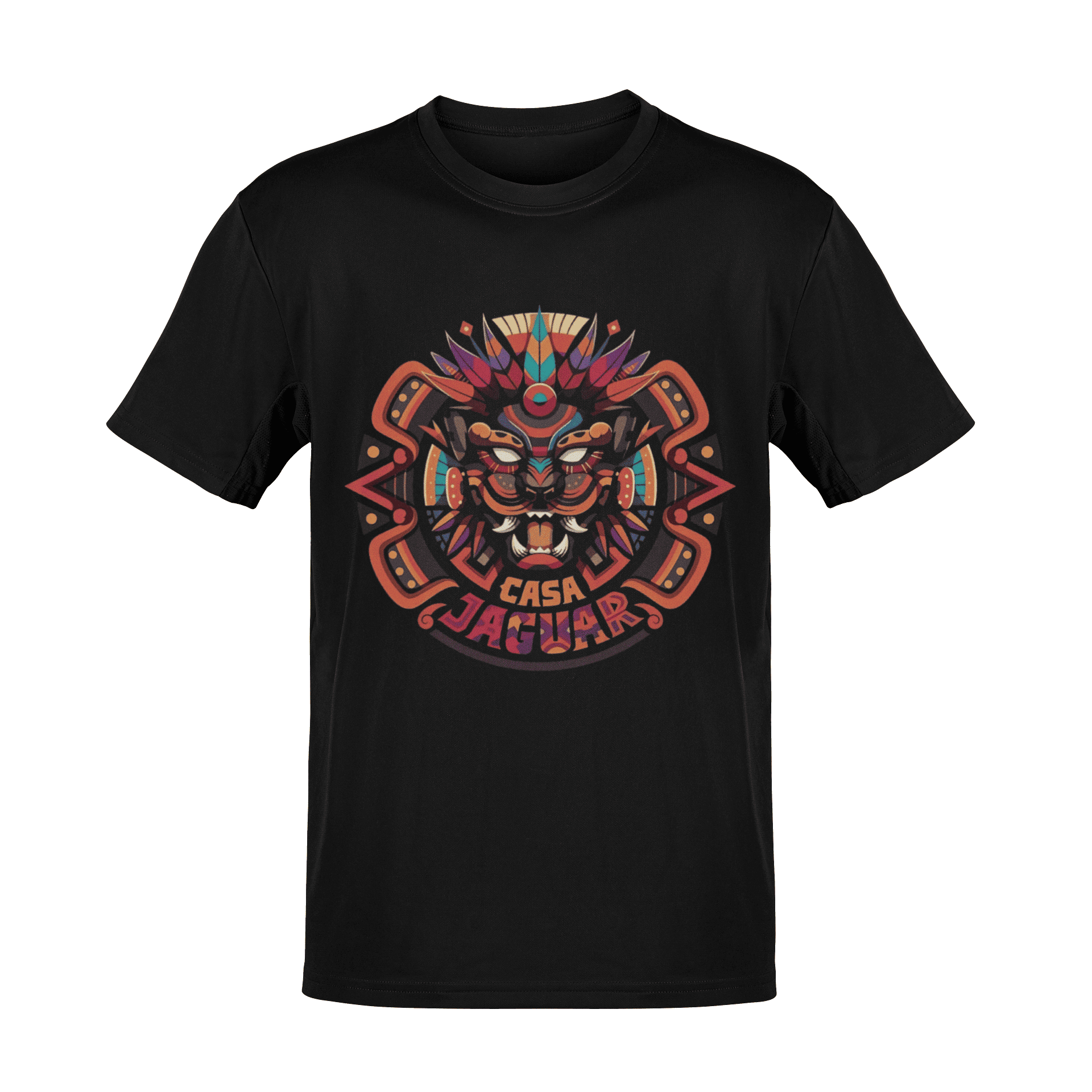 Diseño tribal de jaguar mexicano en playera negra estilo streetwear