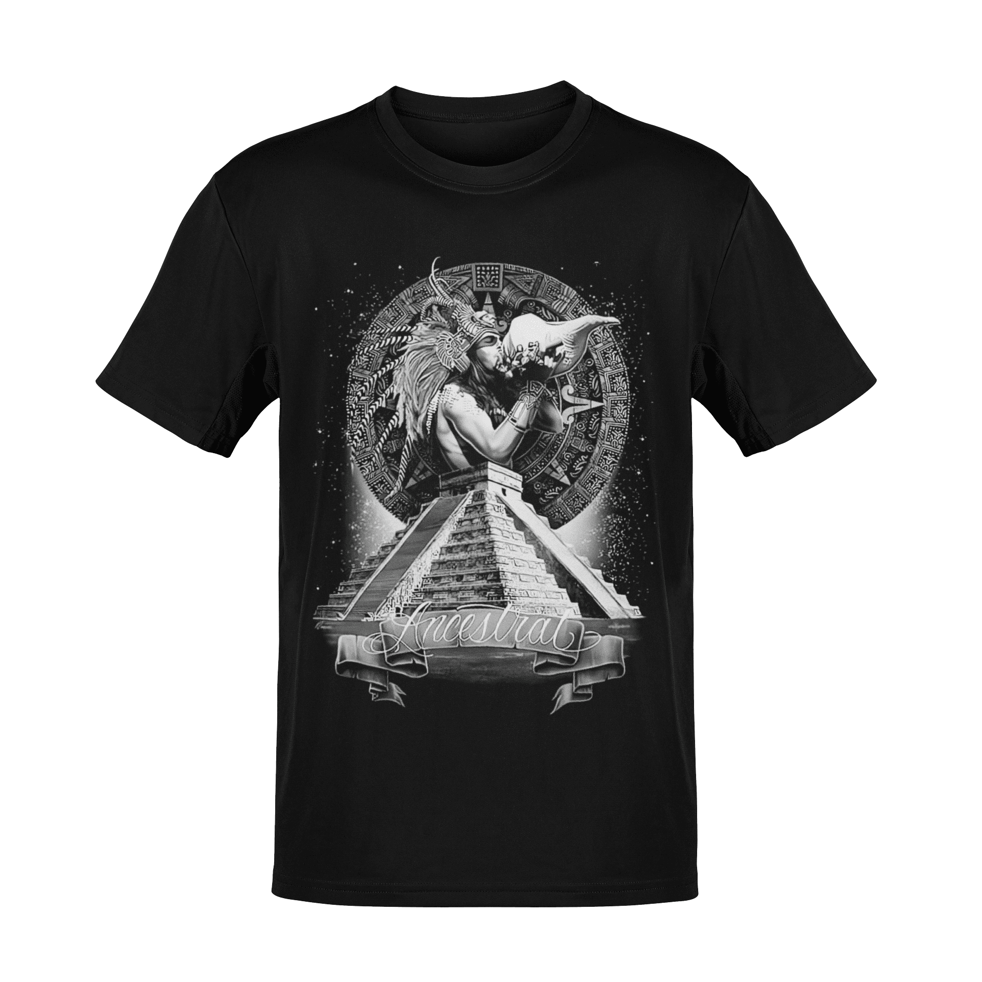 Playera negra con arte Maya y pirámide prehispánica en fondo blanco