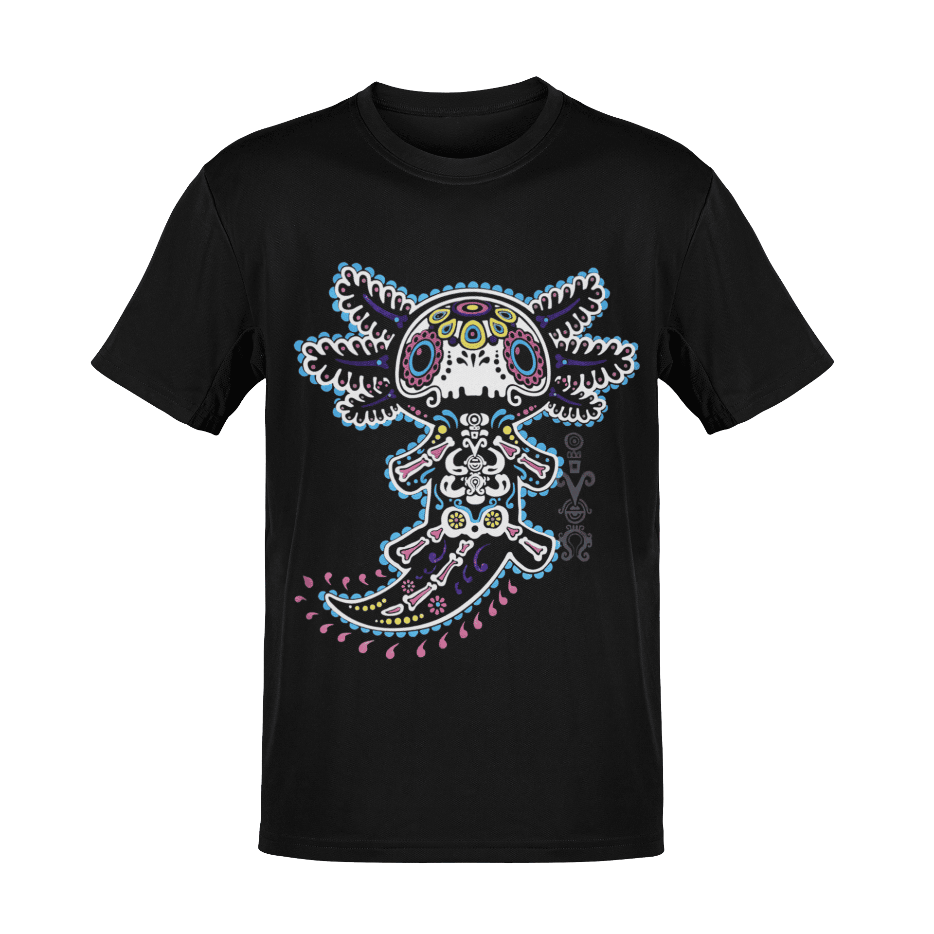 Playera negra con diseño de axolotl mexicano colorido estilo arte folk moderno