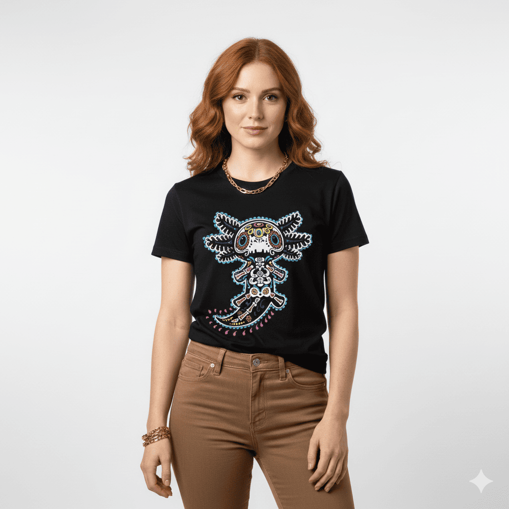 Playera con ilustración central de axolotl inspirada en arte mexicano contemporáneo