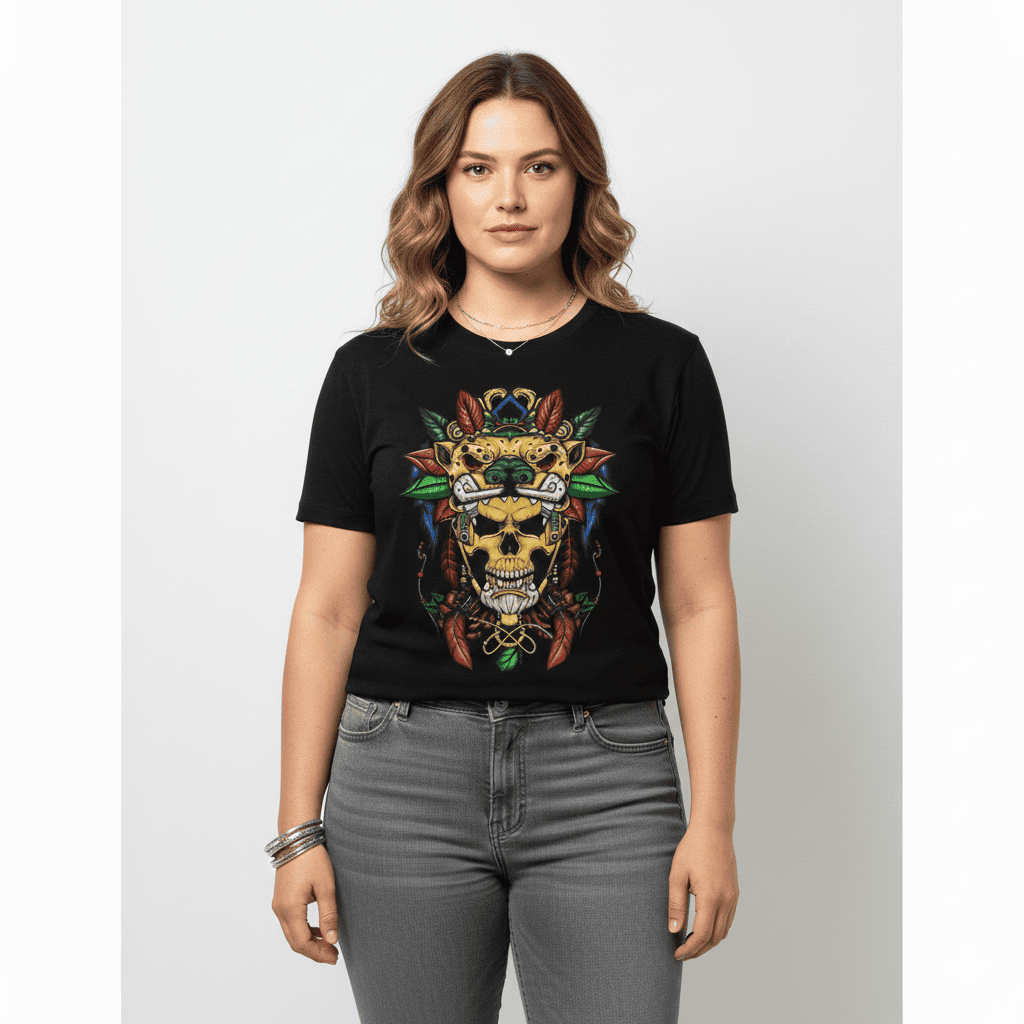 Diseño frontal de playera Mexa Jaguar Totémico estilo tatuaje mexicano