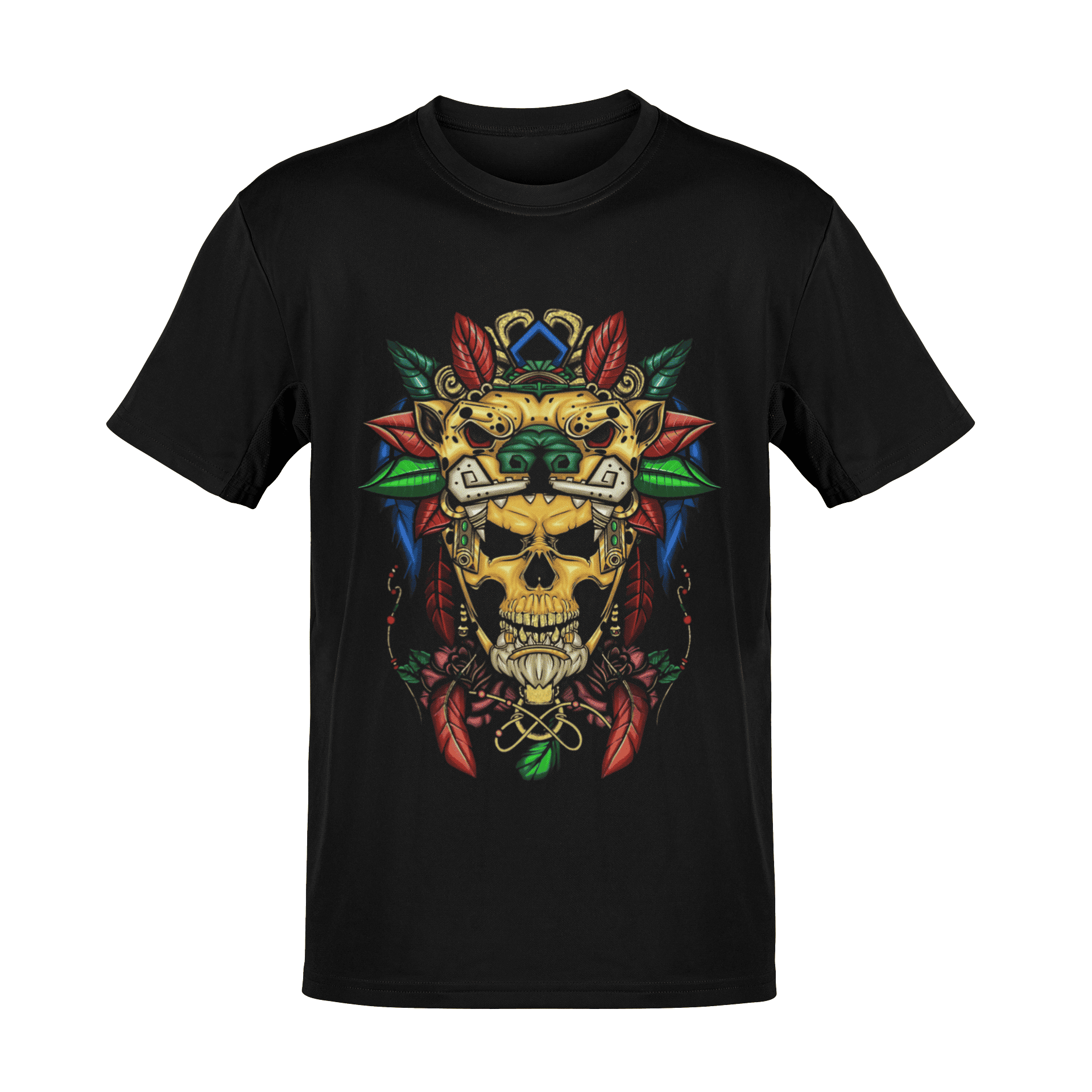 Playera negra Cultura Wear con símbolo ancestral de jaguar y cráneo
