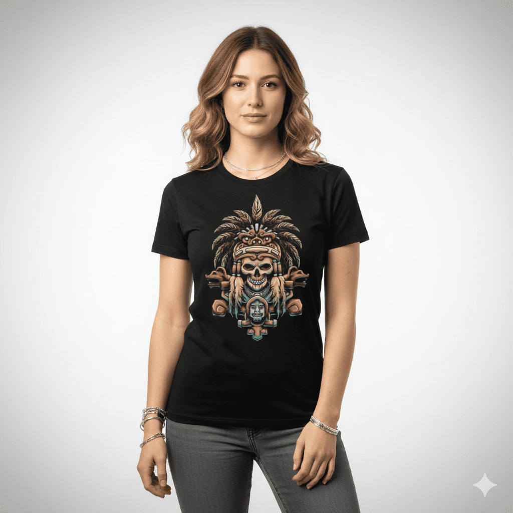 Mujer modelando playera con cráneo ritual y tocado prehispánico