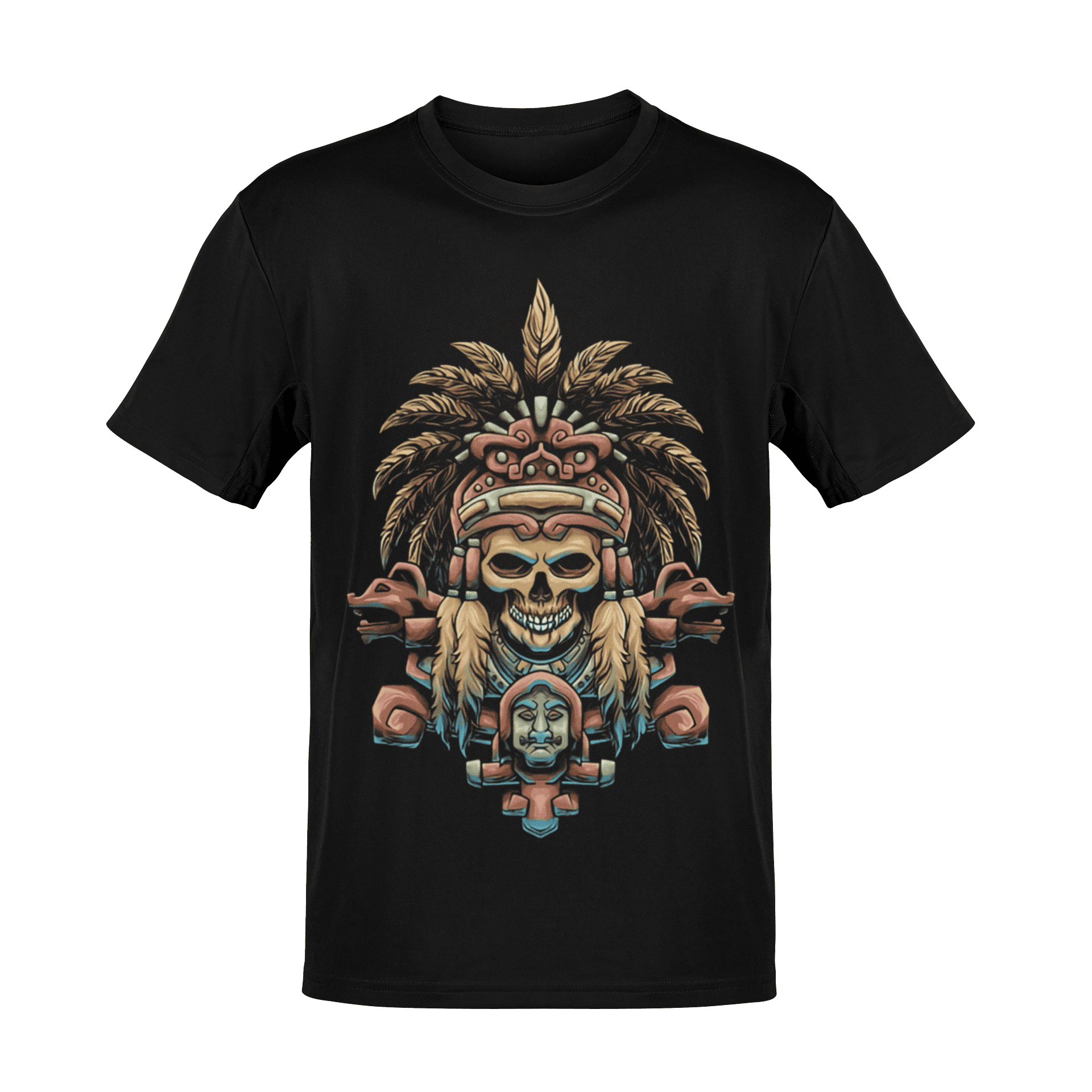 Diseño artístico tribal con plumas y cráneo sobre playera negra