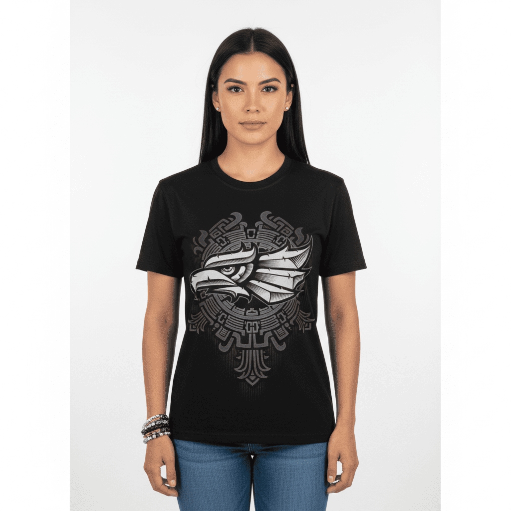 Mujer vistiendo playera con águila ancestral