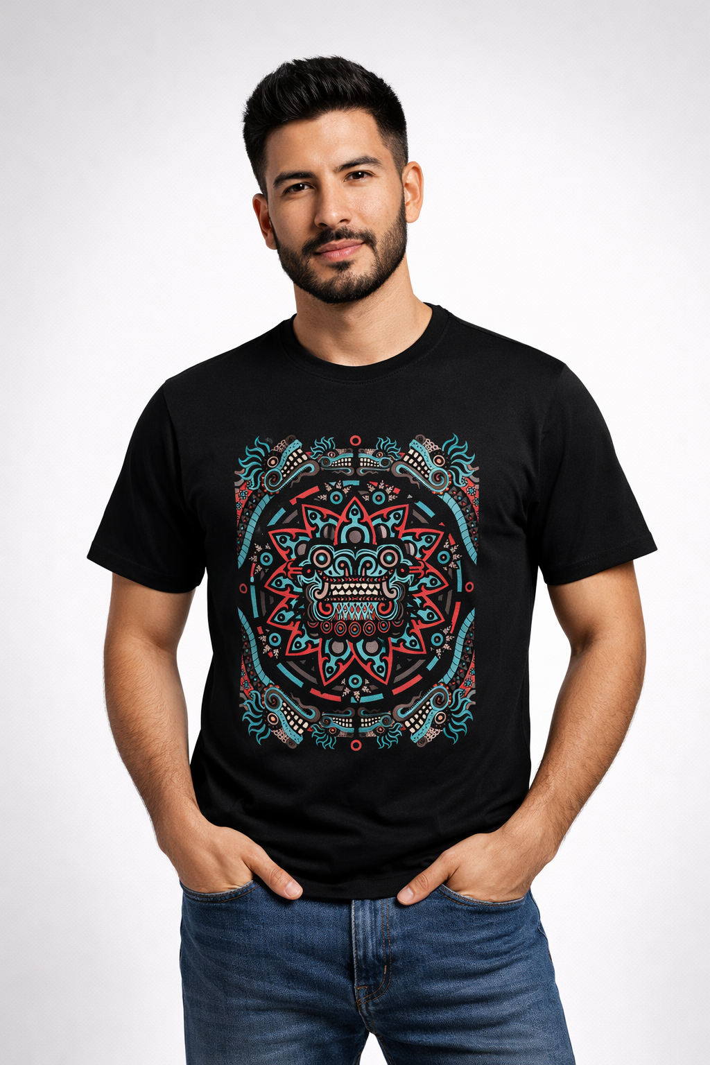 Hombre usando playera Cultura Wear con arte mesoamericano geométrico al centro