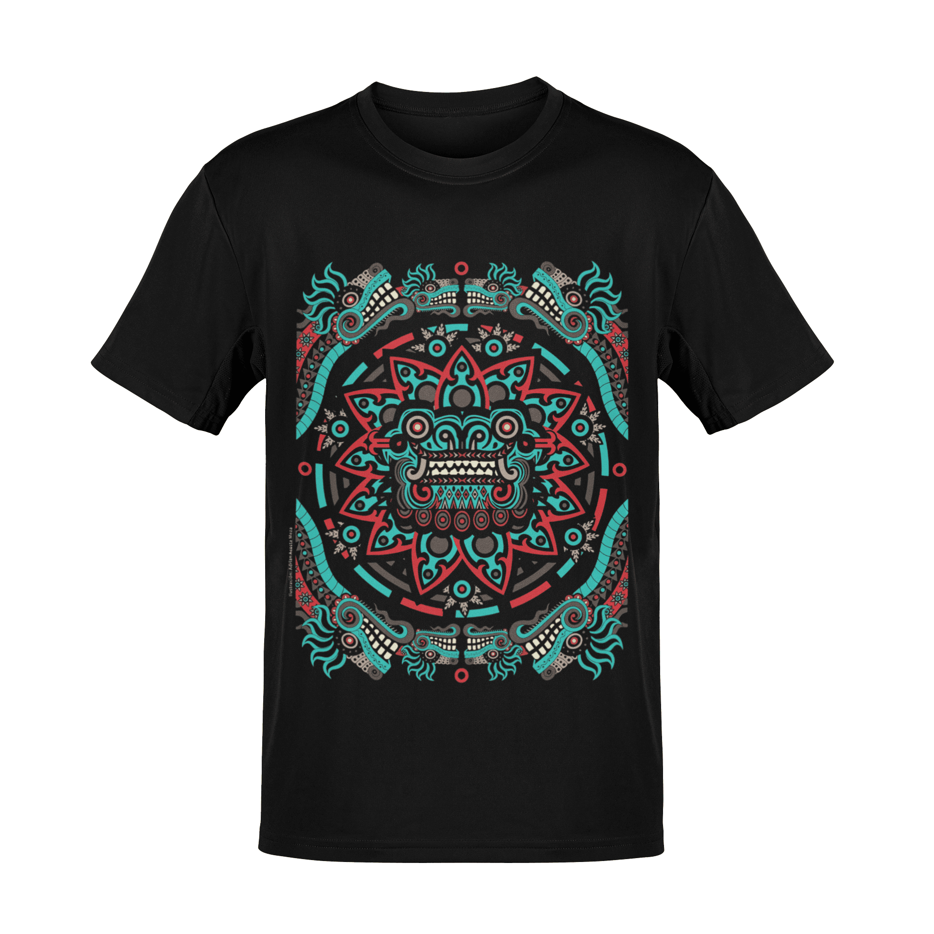 Playera negra con diseño de máscara ceremonial y mandala solar en rojo y turquesa