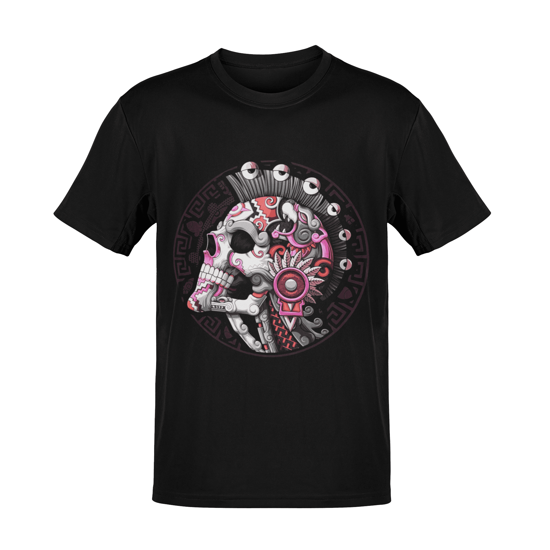 Playera negra con diseño de cráneo mexica inspirado en arte prehispánico tribal mexicano